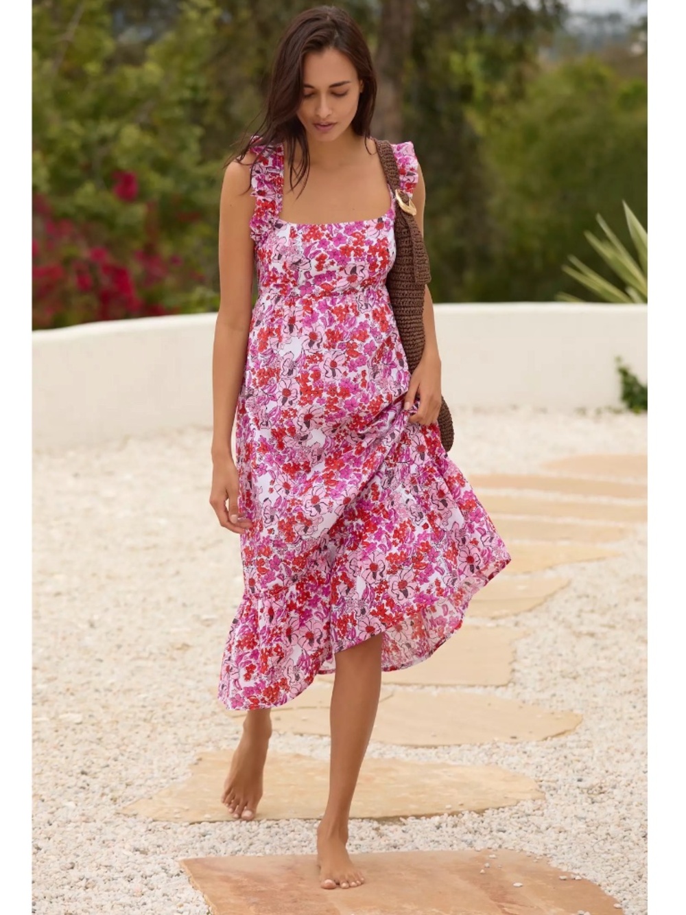$195 Ro's Garden Becky Midi Dress Anthropologie Medium Floral Ruffle Pink Red
